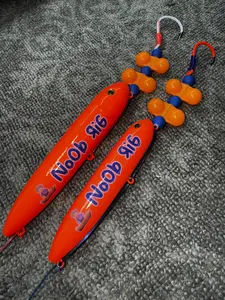 Noob Rigs Large & Small: Large Noob (13cm) on white glow 6/0 hook and Small Noob (11cm) on fluorescent orange hook tied on mono leader lines