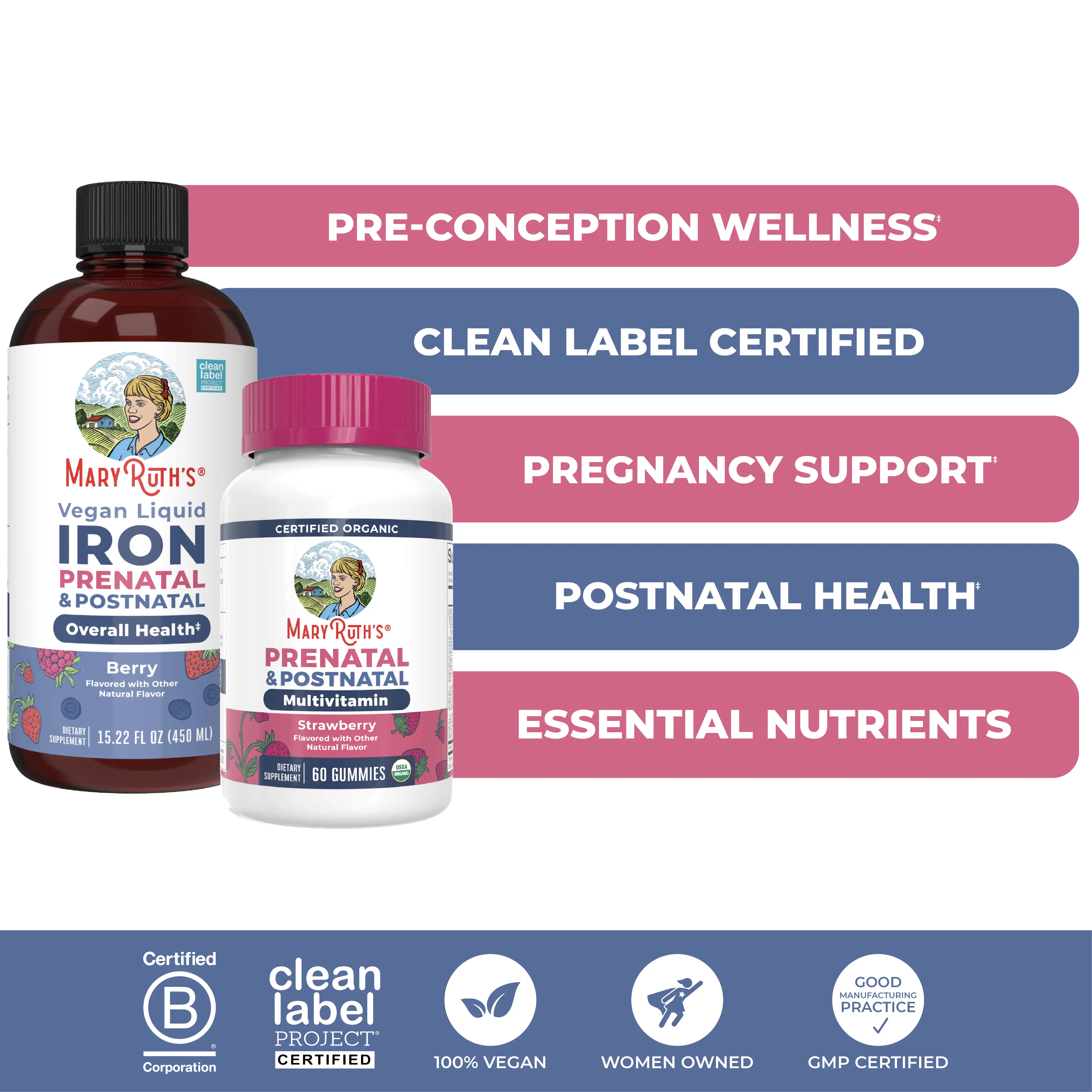MaryRuth's Prenatal & Postnatal Multivitamin Gummies & Liquid Iron Bundle - Organic Prenatal Postnatal Multivitamin Gummies 60 ct - Prenatal Postnatal Iron Liquid 15.22 oz - Vegan - Sugar Free