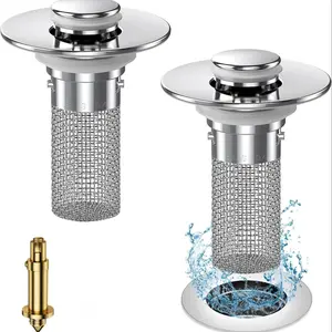 Stainless Steel Pop-Up Stopper with Hair Collector, Drain Filter and Removable, Replacement for Standard Bathroom Sink Stoppers