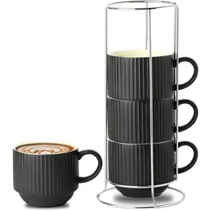 Coffee Cups Set of 4 with Stand, 15 OZ Ceramic Stackable Coffee Mugs with Handle for , Cocoa, Cappuccino and Latte, Porcelain Vertical Stripe Coffee Cups for Men and Women, Matte Black