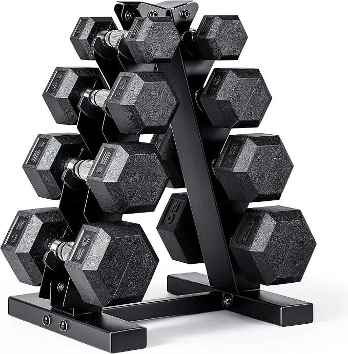 Rubber Hex Dumbbell Set with Vertical Rack | 100-210 lb
