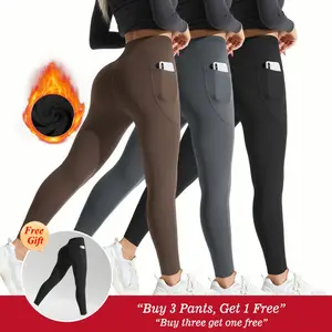 TCVC Winter Women's Leggings Thermal Lined Velvet High Waist Pants with Side Pocket Design Antibacterial Effect Unmarked Edging Comfortable Stretchy Thermal Long Johns Womenswear Solid High Waist Thermal Black Soft Fleece Lined Basic Minimalist - Autumn