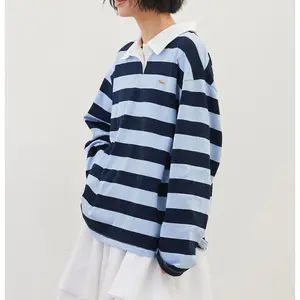Women Long Sleeve Striped Polo Shirt Oversized Collar Y2k Pullover T Shirt Casual Loose Streetwear Rugby Sweatshirt