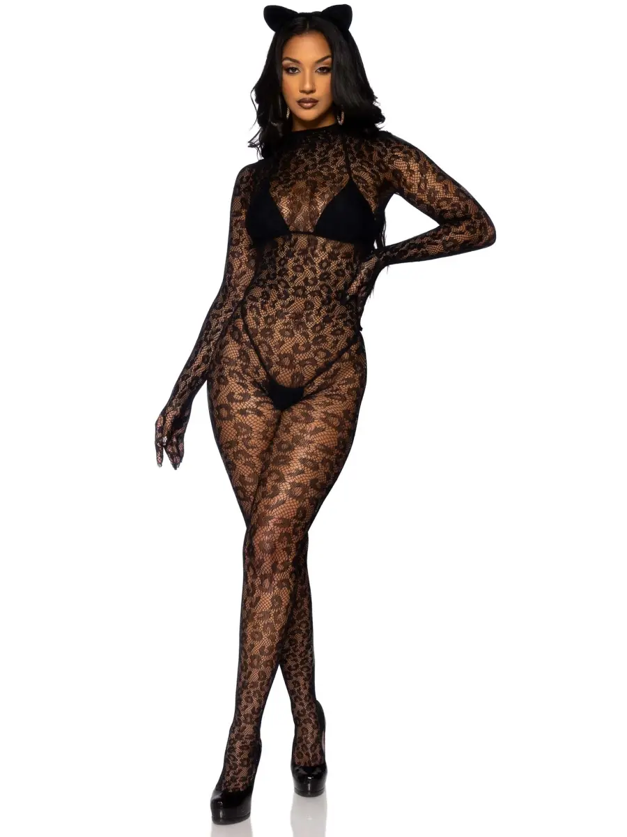Women's Backless Long-Sleeve Bodysuit - Leg Avenue Curved Slim-Fitting Stretchy Seamless Leopard Fishnet Style, Black, 1 Size Fits Most, Sexy Halloween Cat Outfit with Fabric Gloves (Dog & Cat Costume Clothing)