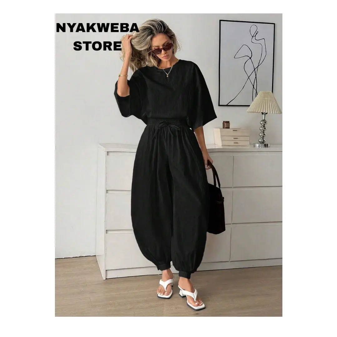 NYAKWEBA Women's 2 Piece Summer Casual Lounge Set – Oversized Short Sleeve Top & Elastic High Waist Harem Jogger Pants Matching Set for Travel & Vacation