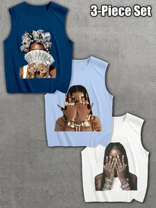 Men's Summer 3-Piece Set, Casual Breathable Sleeveless Tank Tops, Graphic Print, Loose Fit, Ideal for Gym, Vacation, Parties, Daily Wear
