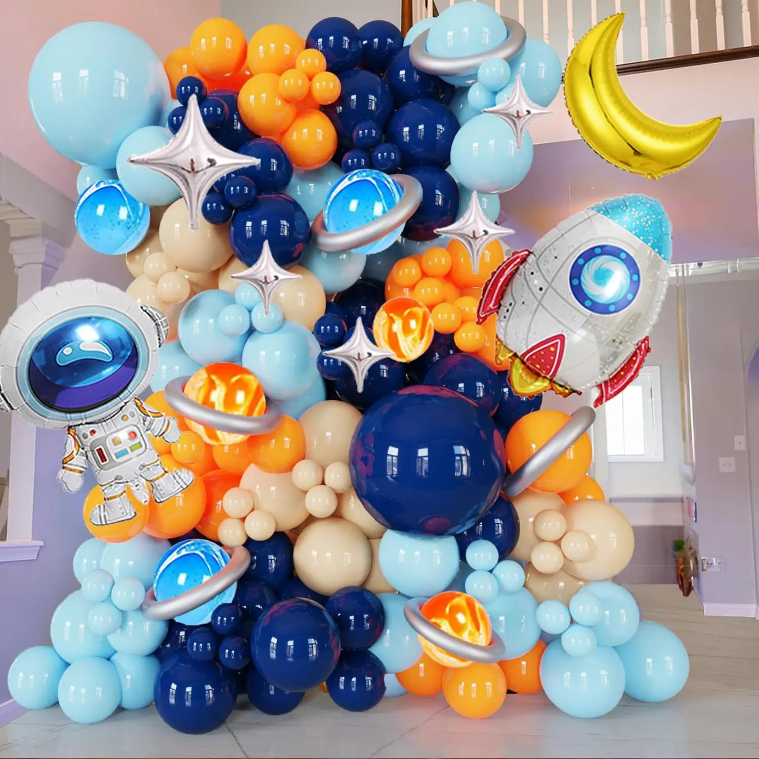 125PCS Space Balloon Garland Kit Navy Blue Orange Galaxy Birthday Party Decorations