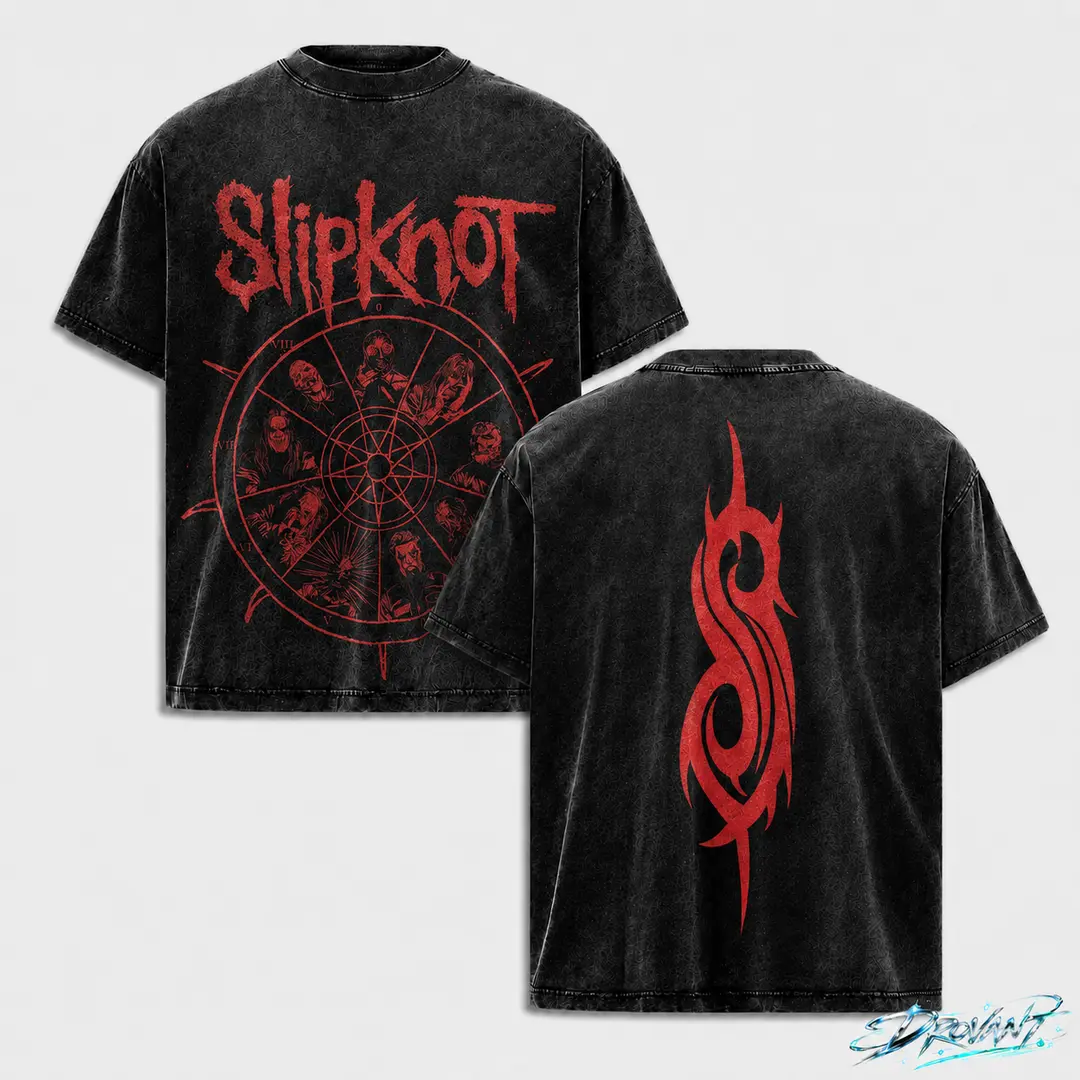 Slipknot Red Wheel Vintage Acid Wash Oversized Double-Sided T Shirt, Unisex streetwear y2k clothing graphic tee, A comfortable summer gift oversize wash vintage metal