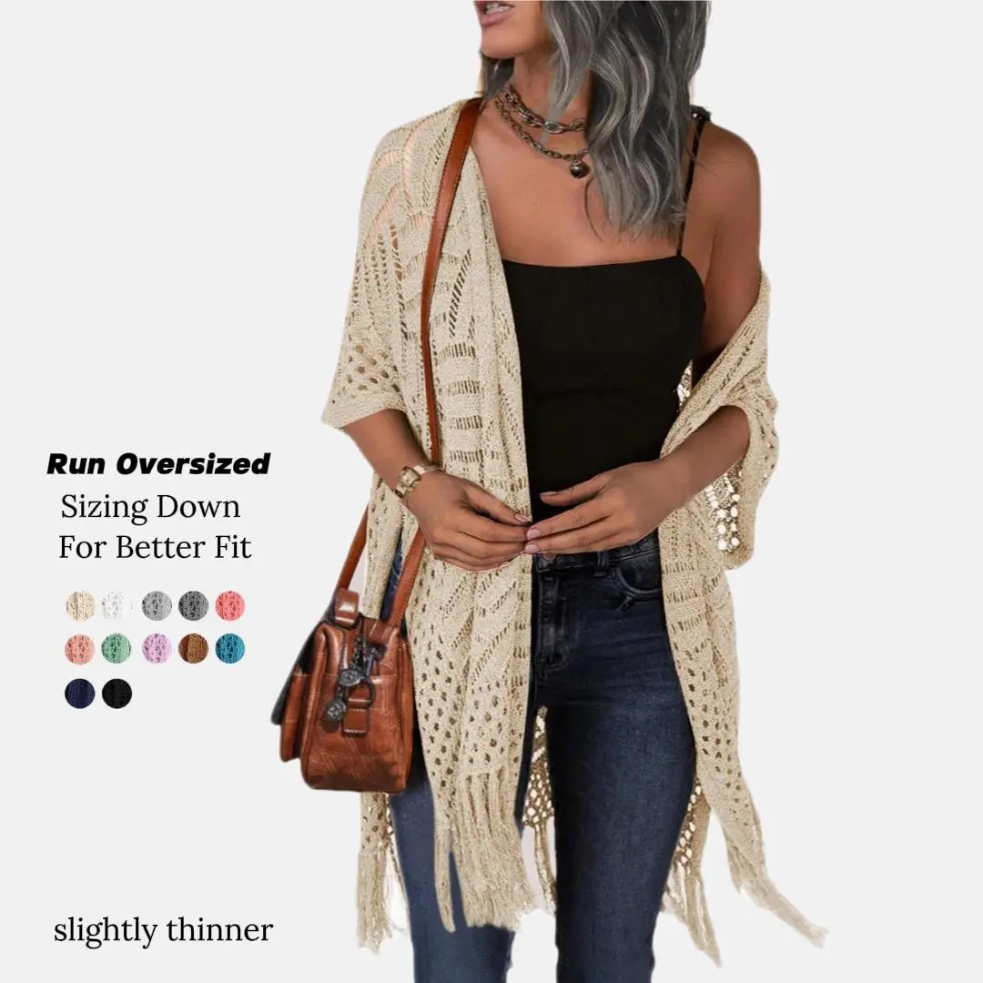 Womens Knit Cardigan Oversized Open Front Outwear New Spring & Summer Hollow Out Crochet Tassel Lightweight Kimonos Sweater Outdoorfun 2026 Womenswear Overall Style Knitwear Piece Tops thin summerwins