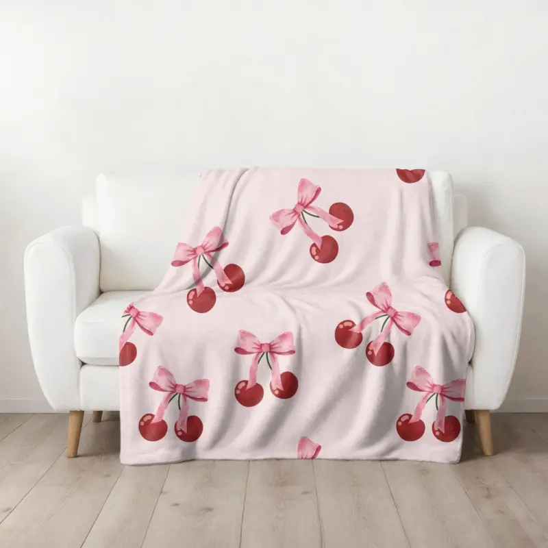 Soft Minky Plush Blanket - Reversible Cherry & Bow Design With Pink Bows & Red Cherries, 30S Yarn Quilted Texture, All-Season Cozy Throw, Machine Washable Luxury Bedspread Or Couch Cover, Contemporary Home Decor Gift For Women (Pink & Red)
