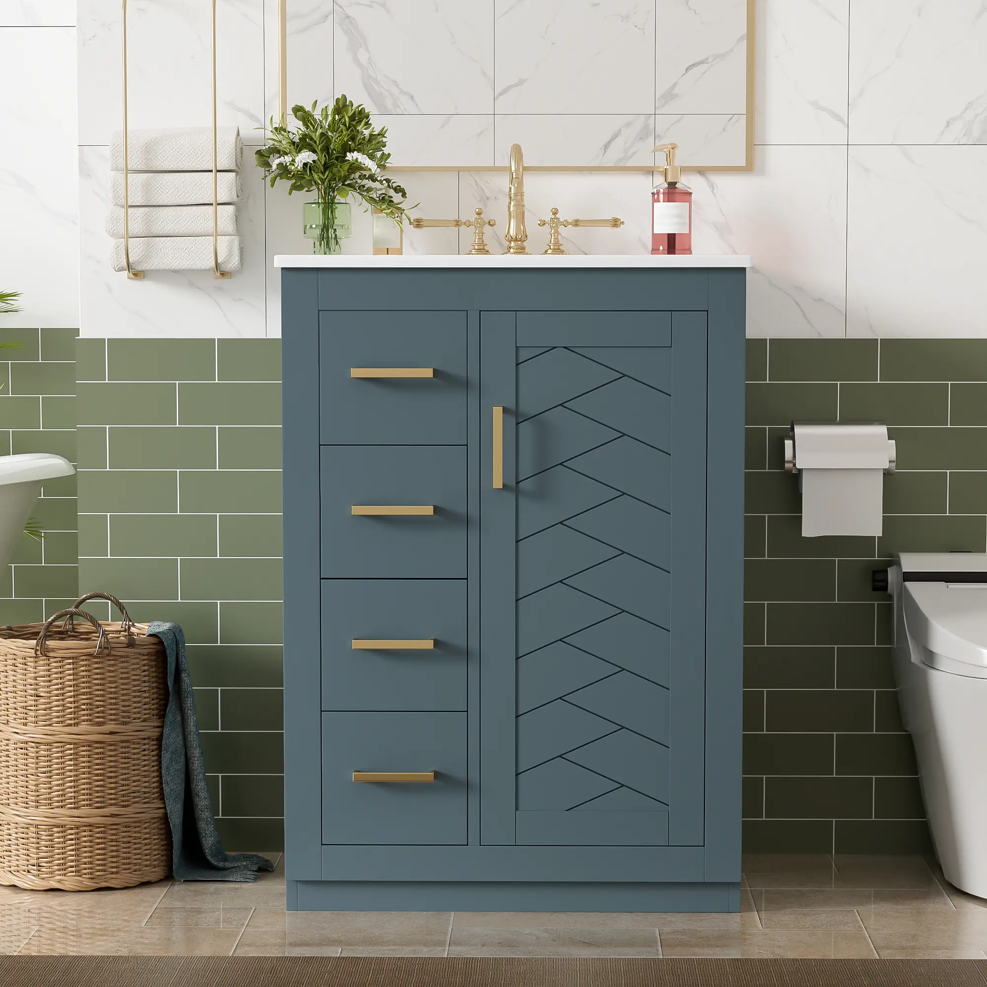 24-Inch Bathroom Vanity with Ceramic Sink, Solid Wood & MDF Cabinet, 1 Door and 3 Drawers, Blue Finish, Compact Storage for Small Spaces