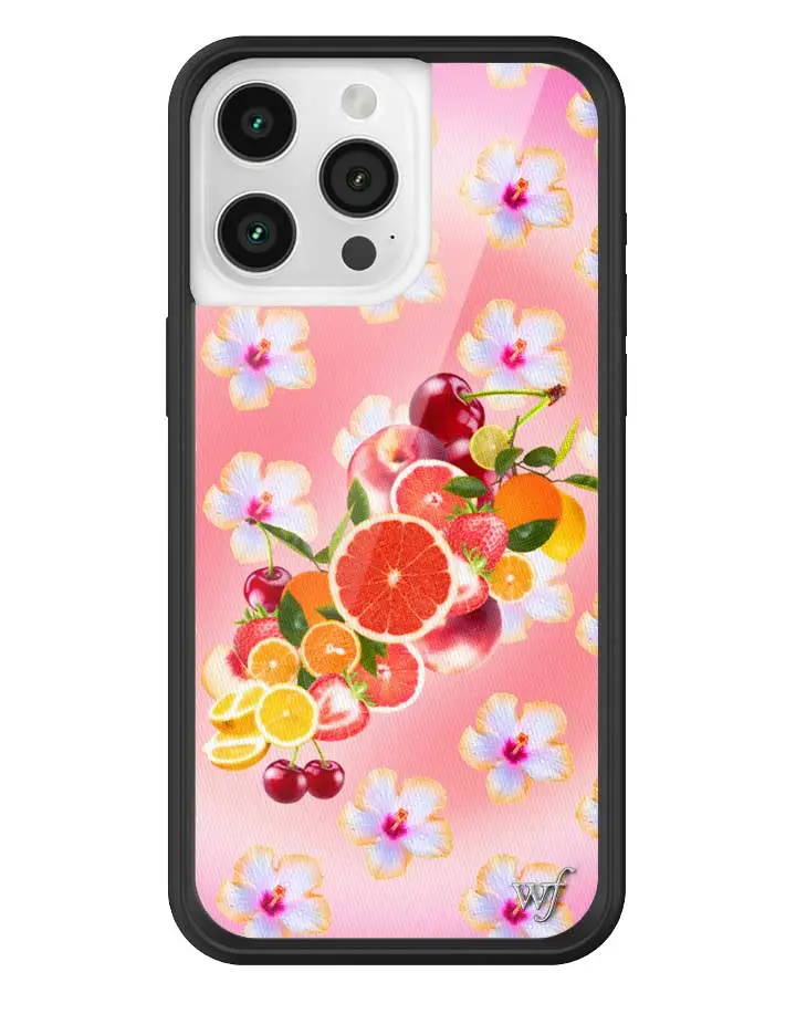 Fruit Salad | Limited Edition Trendy Collab iPhone Case | Raised Protective Black Bumper | Women Owned Small Business | Bright Pink Background Oranges Grapefruit Strawberries Cherries Vibrant Flowers | Safety Casing Protective | Gift for Her