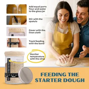 Sourdough Starter Jar Kit, Includes 34 oz Sourdough Starter Jar with Metallic Lid, Silicone Spatula, Feeding Tracker, Extra Thermometer Strips & Breathable Covers – Sourdough Bread Starter Kit
