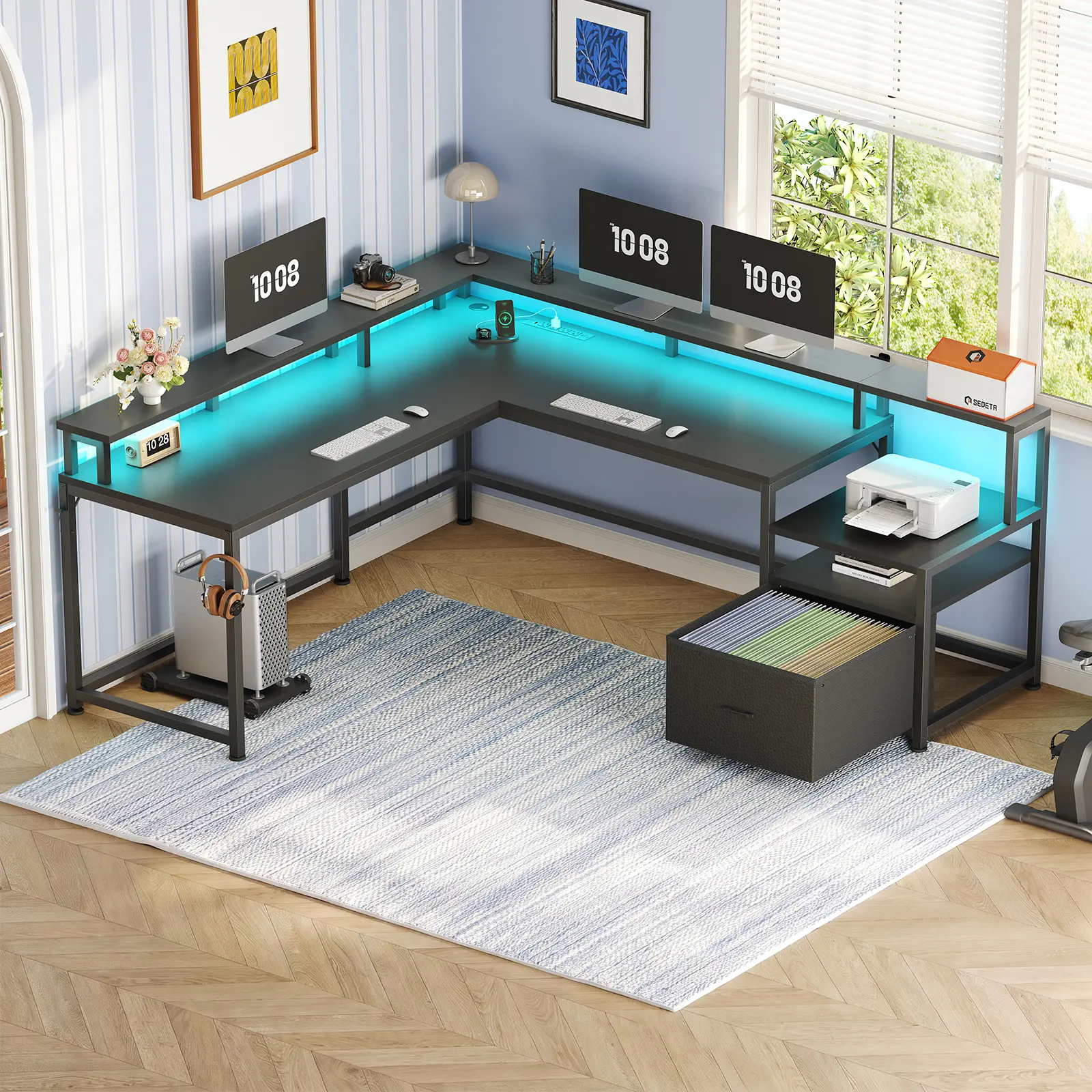 Sedeta 66-in LED L-Shaped Wooden Gaming Desk with Storage - Reversible, Durable Contemporary Drawers Workstation, 1-2 Person Commercial Office Furniture, Wooden Table, Desktop Style Desks & Workstations, Desks For Gaming