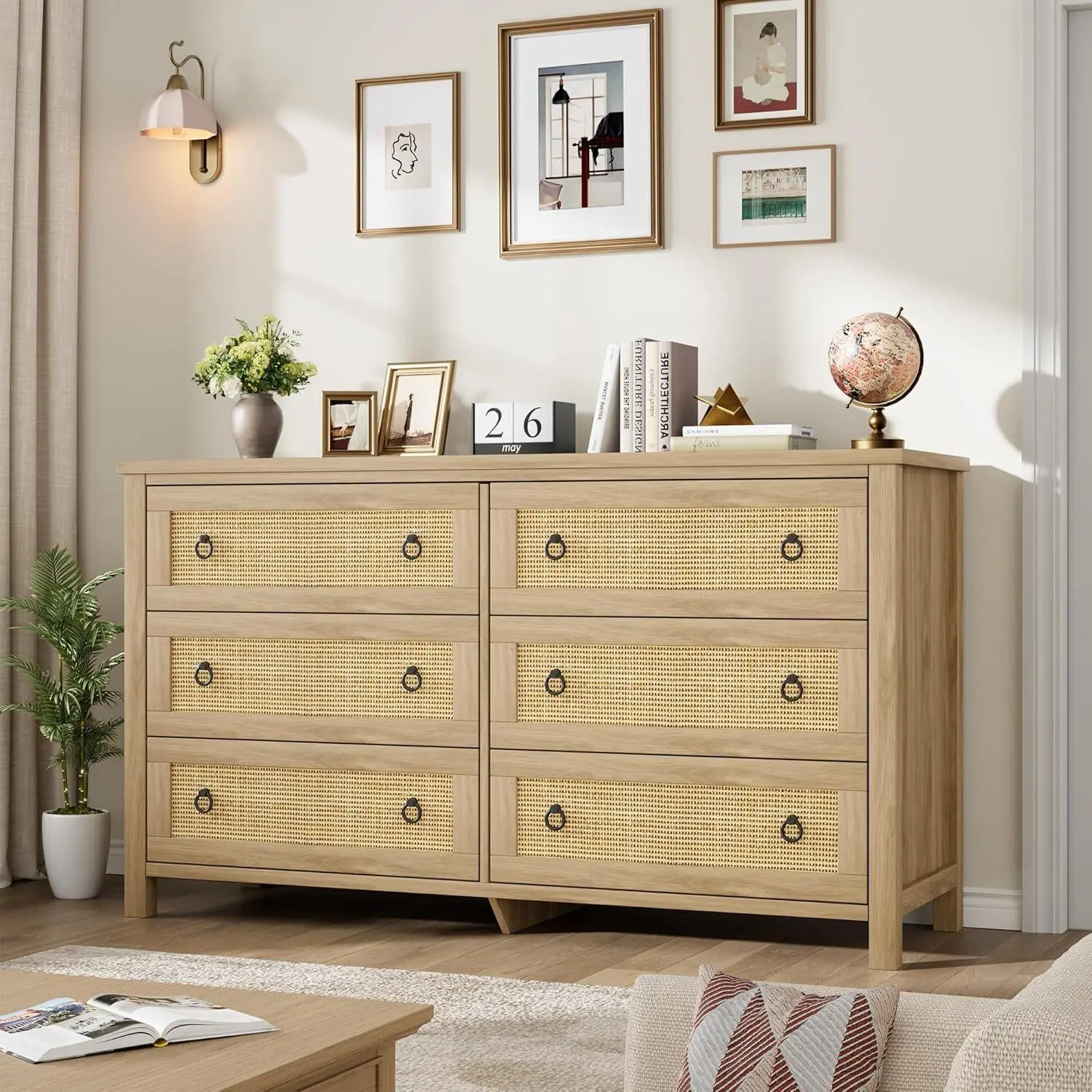 Modern Wooden Vertical Chest - MDF Wood 6-Drawer Freestanding Tall Dresser with Rattan Accents, Ring Handles, Extra Deep Storage, Natural Finish, Stable Anti-Tip Base, Assembly Required, 31.5" L x 15.8" W x 29" H for Bedroom, Nursery