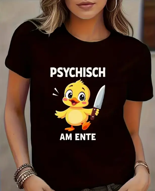 Psychisch Am Ente Crazy Duck Knife Meme Graphic Women Tee German Viral Meme Casual Street Summer Cotton Short Sleeve Heat Transfer Tshirt