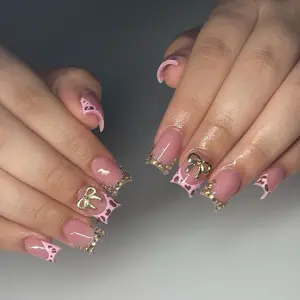 Bow & Rhinestone Decor Glossy Fake Nail with Nail File & Jelly Sticker, 24pcs Short Square Press on Nails for Women & Girls DIY Nail Art, Elegant Stick on Nail Kit, Rhinestone Bow Decorated, Nail Art Kits