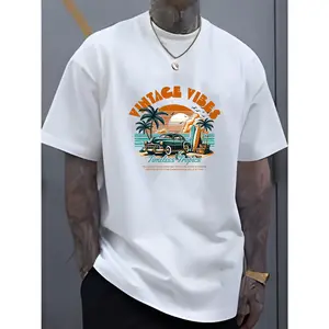 Men's Vintage Surf Wear Graphic Round Neck T-Shirt - Casual Streetwear Y2k 2000s Summer Outfits, Breathable Checked Cotton, Loose Short-Sleeve Top, Customizable, Tropical Design, COD Eligible