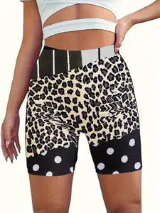 Plus-size women's high-waisted yoga shorts, featuring a leopard print and polka dot design, suitable for gym, training, sports, and casual wear, made from high-quality comfortable elastic fabric, suitable for all seasons