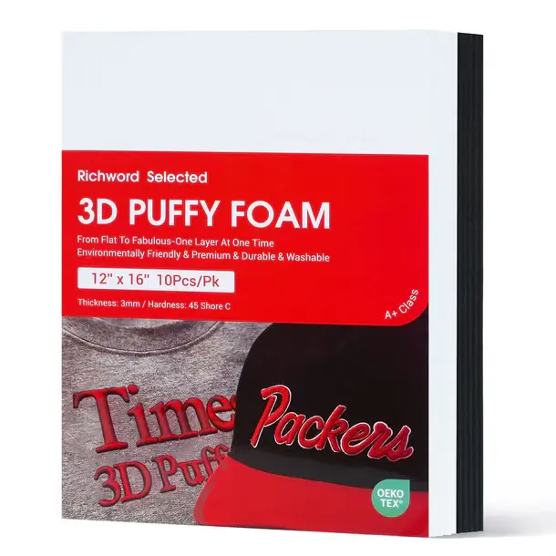 PooLin Richword 3D Puff Embroidery Foam Sheets, 3mm Thick, 12x16in Black & White (10 Pieces), Embroidery Accessories for Caps & Bags Logo Accents with Raised 3D Look