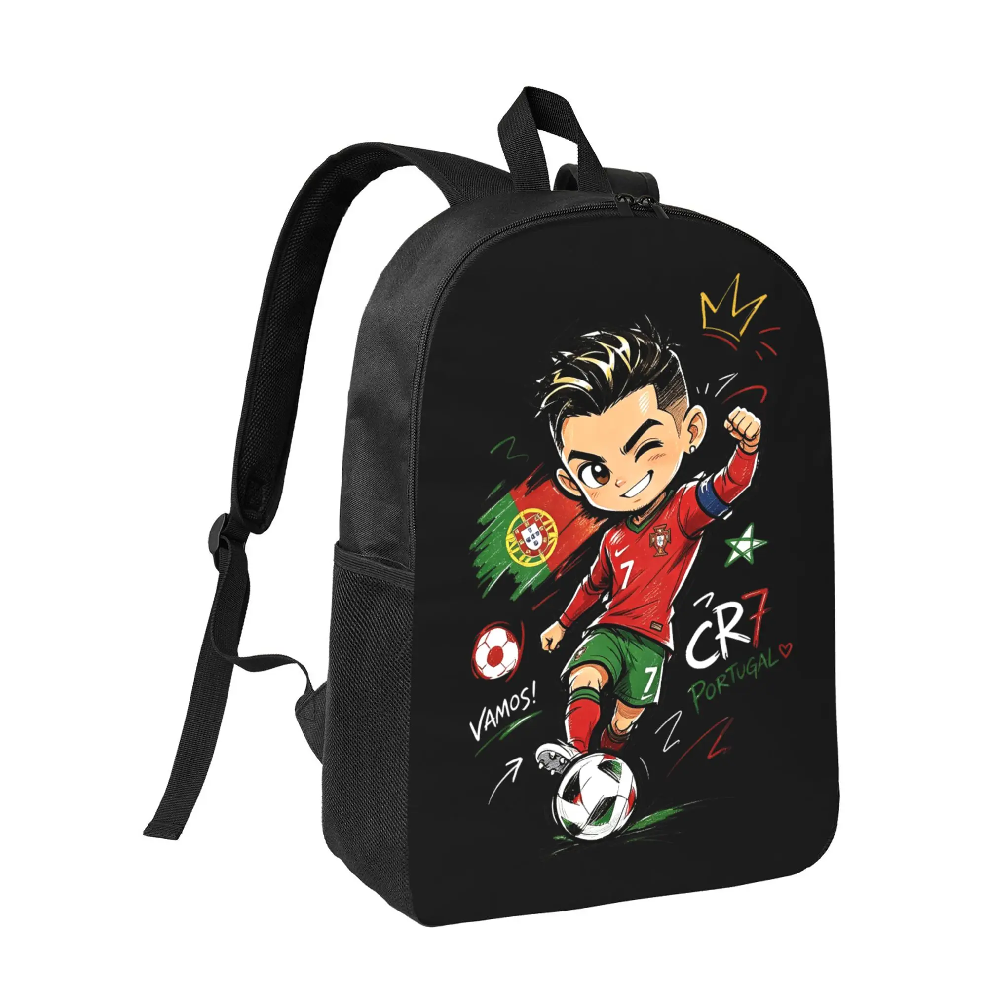 CR7 Ronaldo Graphic Backpack - Lightweight Durable  with Adjustable Straps & Zipper Closure, Black & White Dynamic Soccer Print for Teens & Adults, Sports & Casual Use