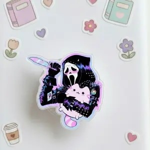 Creepy Cute Ghostface Phone Grip - Kawaii Horror Slasher Holding Pink Cat Stand, Aesthetic Soft Goth Acrylic Socket for Women, Edgy Bestie Gift