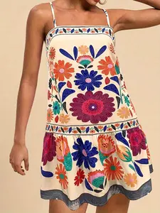 Women's Floral Print Cami Dress, Boho Spaghetti Strap Short Dress Casual Bohemian Sleeveless for Beach Holiday Vacation, Ladies Summer Clothes, Womenswear, Sundress, Bohemian Print Dresses