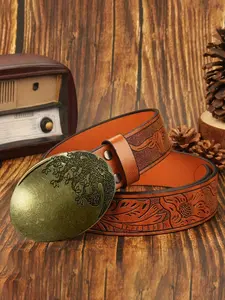 Men's Boho Floral Belt, PU Material Vintage Style, Casual Streetwear Accessory, Versatile Waistband for Men, Unique Life Tree Design