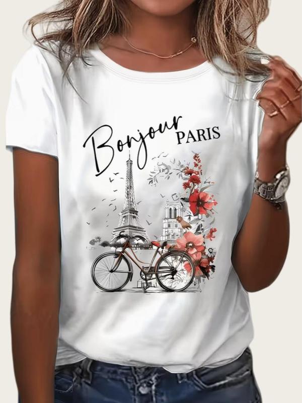 Sohochi Women's Fitted Cut Basic Cotton Tee - Short-Sleeve Crew Neck, Paris Print, Backless, Breathable, Lightweight, Sporty Chic Minimalist A-Type Summer Streetwear Top
