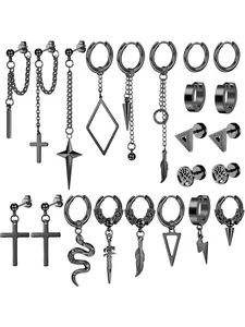 Fashionable 22 Pcs Earring Stacking Set Black Cool Dangle Earrings Punk Stainless Steel Hinged Huggie Hoop Earrings for Men Women Punk Long Chain Stud Snake Feather Sword Dangle Kpop Earrings for Men Black and Sliver Tone Stackable Earrings