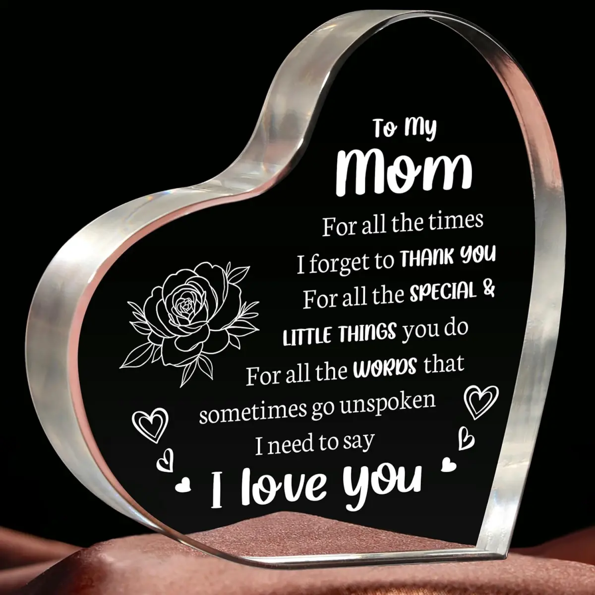 Heart Shaped Love Mom Acrylic Block keepsake Flower & Letter Pattern Decorative Ornament, Inspirational Creative Ornament, Christmas Gifts for Mom,UU