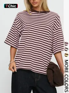 Women's  Stripe Oversized T-Shirt - Drop Shoulder Relaxed Fit Tee for Office & Casual Outings | Trendy Y2K Aesthetic, Viral TikTok Top-School, Brunch & Everyday Wear