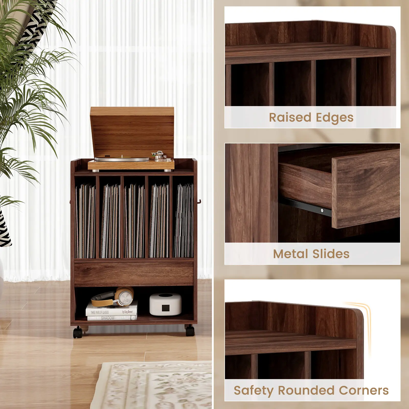 COSTWAY - Record Rolling Turntable Player Stand with Drawer-Brown