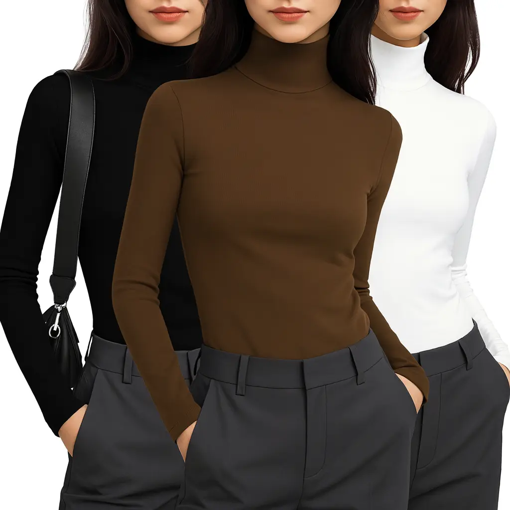 Women's three-piece set: turtleneck long-sleeved T-shirt and base layer, autumn fashion basic thermal underwear top, 2026 winter clothing, casual basic T-shirt, lightweight base layer, solid color slim-fit top.