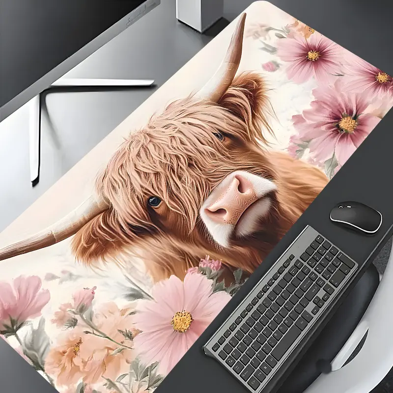 Floral Highland Cow Design Gaming Mouse Pad, Aesthetic Desktop Protection Pad, Washable Rubber Pad Non-Slip Lock Edge Multi-Size, Suitable For Home Office, Desk Accessories, Computer Accessories For Desk, Desk Accessories Decor