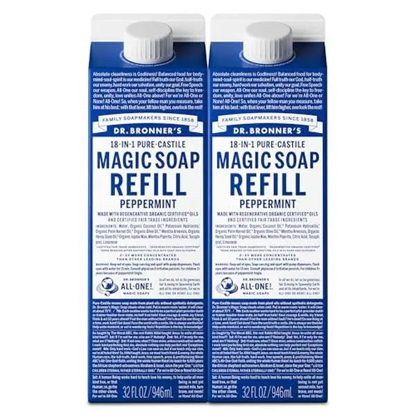 Dr. Bronner's Magic Soap-Pure-Castile Refill (Peppermint, 32 ounce, 2-Pack) - Regenerative Organic Certified Oils, For Body, Hair, Laundry, Pets & Dishes, Concentrated, Vegan, Non-GMO