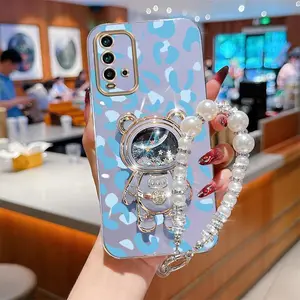 Pearl Strap Lanyard Redmi 9T Impact Resistant Plating Phone Holder Case Compatible With for Xiaomi Redmi 9T Blue Luxury Leopard Print Little Bear Case Cover for Fashion