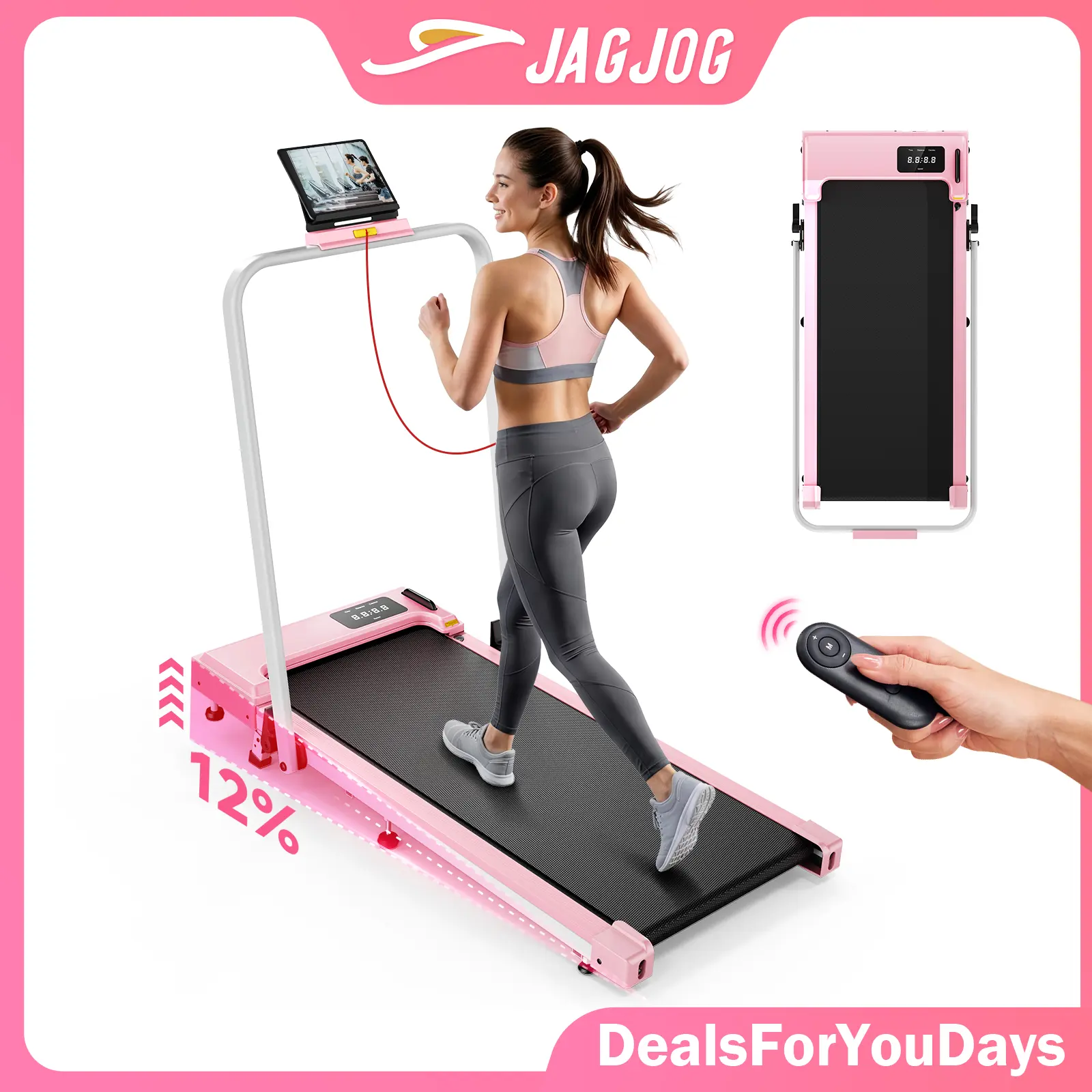 【12% Tilt】PINK Walking Pad Treadmill with 12%/8% Incline,7.5/6.2MPH 3-in-1 Under Desk Treadmill, Low Noise Portable Folding Under Desk Treadmill with Remote Control,Jogging Running Machine,265 Lbs Capacity,DealsForYouDays, Home Workout Equipment