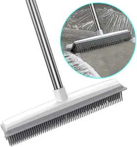 Long Handle Pet Hair Broom – 47" Rubber Floor Brush for Carpet & Fur Removal, Gray