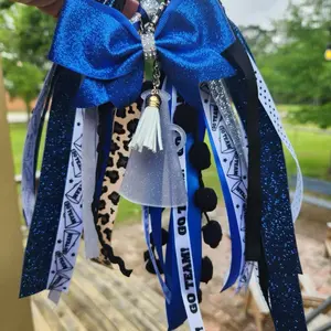 Cheerleading Themed Rubber Beach Bag Charm Glitter Handmade Ribbon Accessories with Bow Blue Leopard Print Tassel