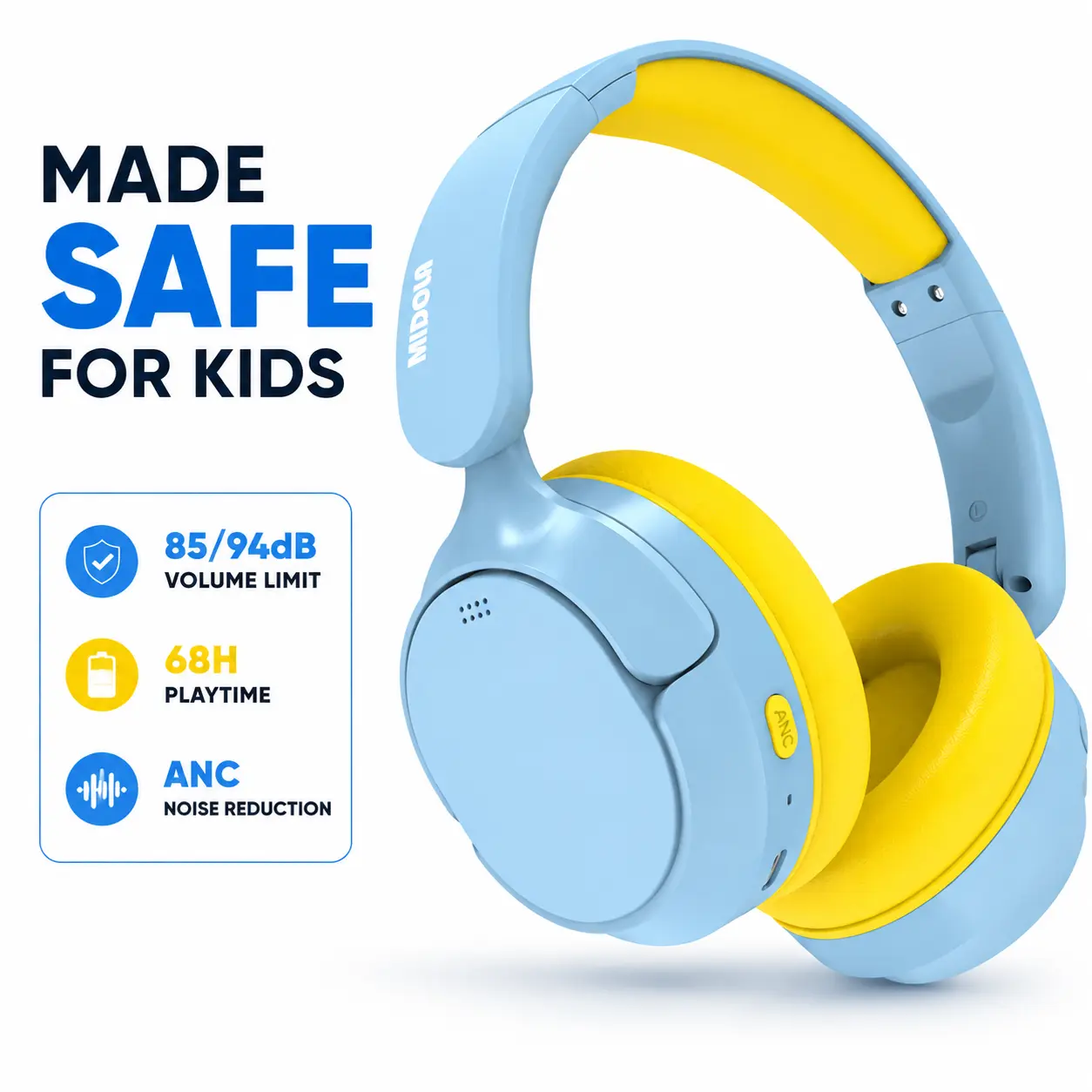 Kids Over-Ear Wireless Bluetooth Active Noise Cancelling Headphones, 85/94dB Volume Limiter, 68H Playtime, Water Resistant Safe Headset for School Use, Compatible with Game Consoles & Car Audio Systems