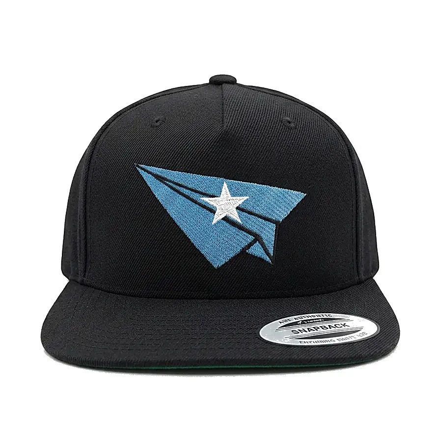 Paper Plane Snapback Hat for Men and Women - Black Flat Brim Cap with Embroidered Paper Plane Logo