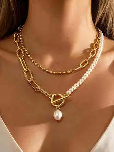 Layered Pearl Chain Necklace for Women, Elegant Necklace, 14K Gold Plated Pearl Link Toggle Clasp Necklace, Dainty Trendy Layered Choker Chunky Jewelry Fashion Gift for Women