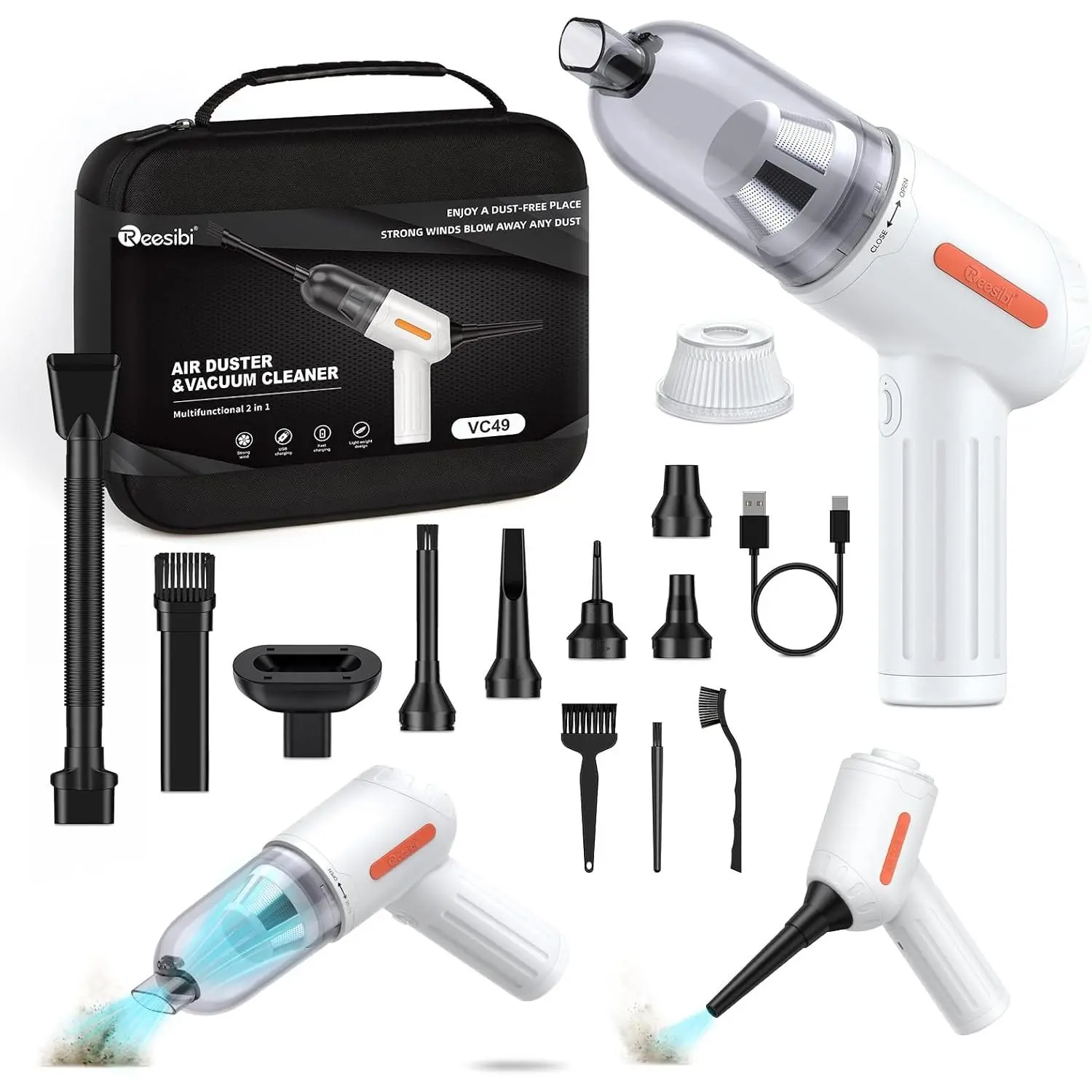Reesibi 4 in 1 Powerful Compressed air Duster - 150000 RPM Cordless Air Blower & 15KPA Car Vacuum Cleaner - Brushless Motor Electric Dust Blower with 3 Speed & 7600mAh Battery - Keyboard Cleaner Kit