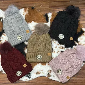 Women's Western Winter Cable Knit Beanie - Cozy, with Soft Pom Poms, Adjustable Concho Charm, Available in Multiple Colors