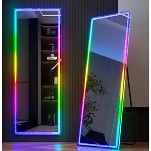 63"x20" Full Length Mirror with RGB LED Lights, Full Body Lighted Mirror with Crushed Diamond Frame, Free Standing & Wall Mounted Mirror, 7 Color Dimmable & 7 Dynamic Mode