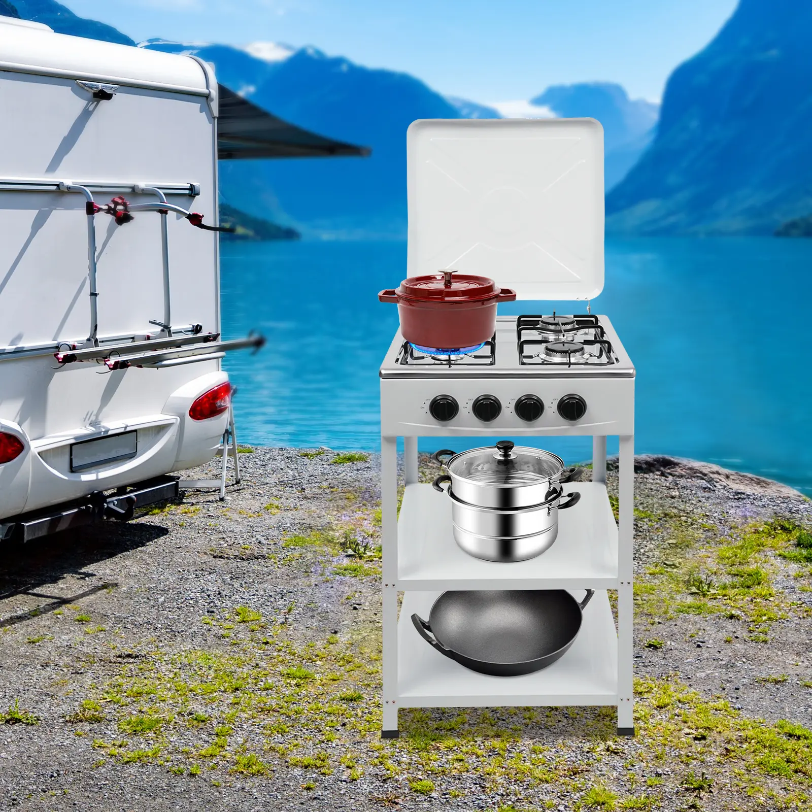 4 Burner Gas Stove 49x49x79cm, NG/LPG Camping Cooktop for Outdoor Kitchen, Manual Ignition, Hose & Regulator NOT Included