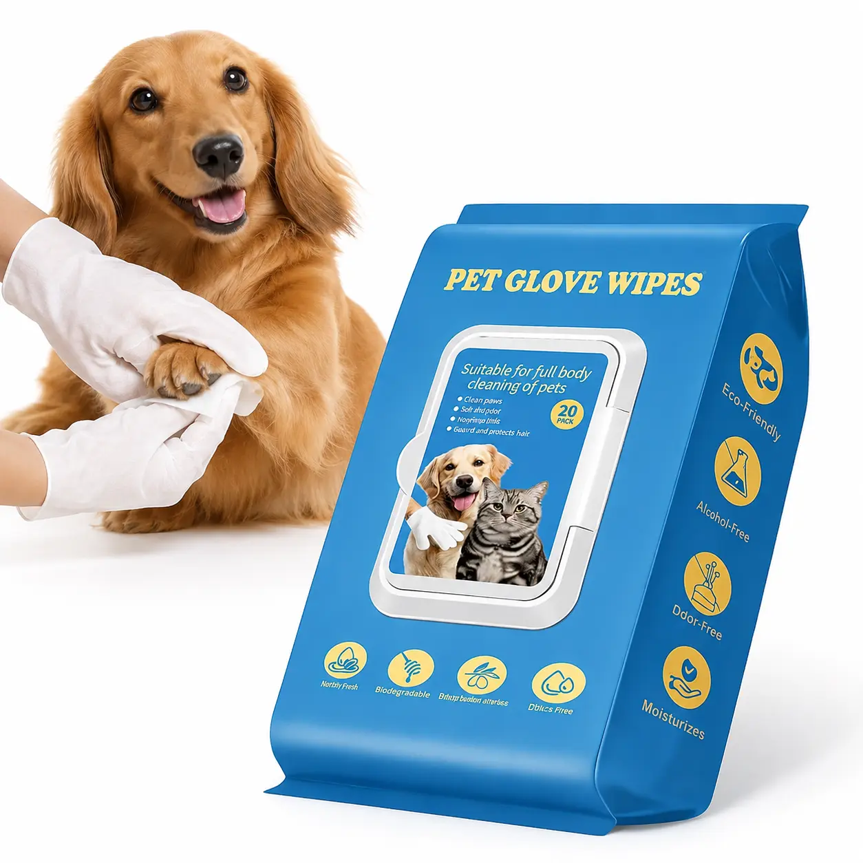 20 Count Pet Grooming Glove Wipes for Dogs & Cats, Waterless No-Rinse Cleaning Gloves for Paws, Fur, Face & Body, Alcohol-Free Gentle Daily Pet Care