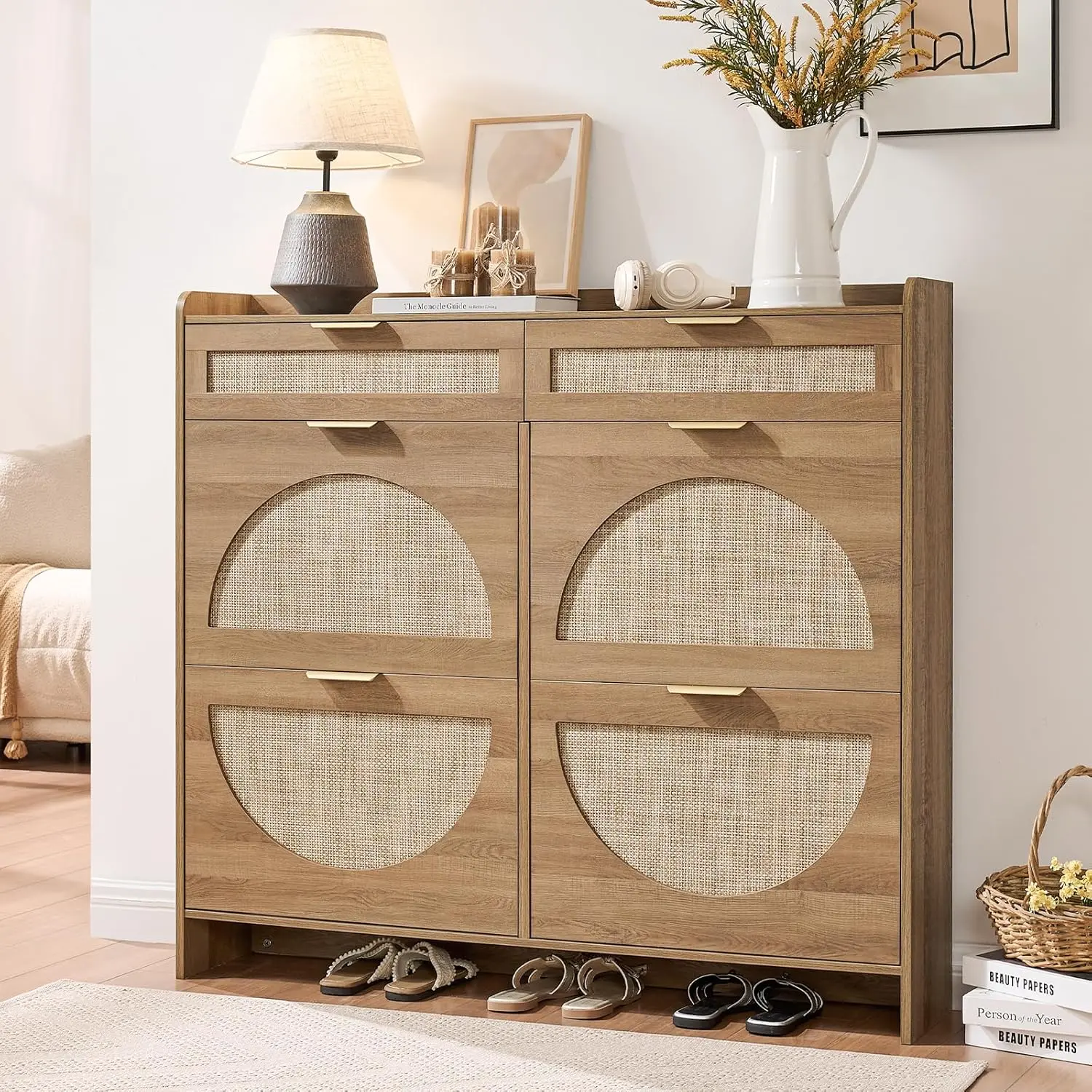 PieDle Rattan Shoe Storage Cabinet with 2-4 Flip Drawers & 2 Drawers, Freestanding Organizer for Front Door Entrance, Hidden Narrow Shoe Rack Cabinet Storage for Entryway