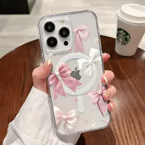 Cute Cartoon Bow Pattern Magnetic Clear Shockproof Protective Slim Thin Luxury Phone Case Cover for iPhone X Xsmax 11 12 13 14 15 16 17 Pro Max Plus Air MagSafe.QXG694